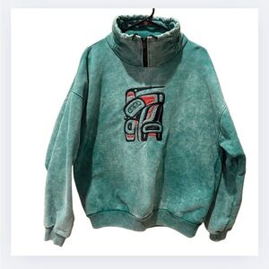 Vintage Fuzzy Stonewash Pullover Sweater Native Art Large Green